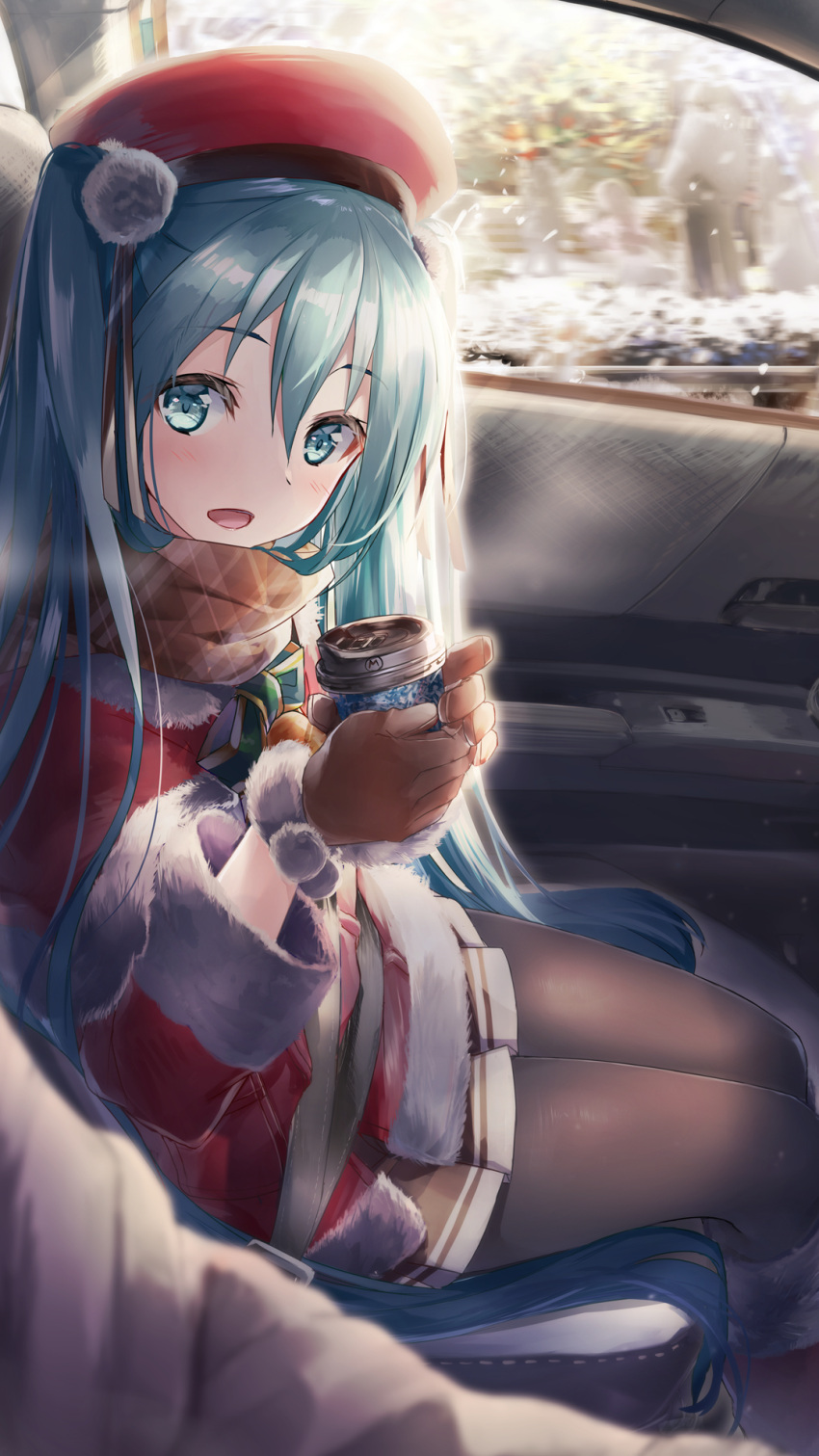 1girl aqua_eyes aqua_hair beret boots brown_scarf capelet car_interior coffee_cup commentary cup daidou_(demitasse) disposable_cup fur-trimmed_boots fur-trimmed_capelet fur-trimmed_jacket fur_trim hat hatsune_miku highres holding holding_cup jacket long_hair miniskirt open_mouth pantyhose pleated_skirt pov red_capelet red_footwear red_headwear red_jacket revision santa_costume scarf sitting skirt snowing twintails very_long_hair vocaloid winter