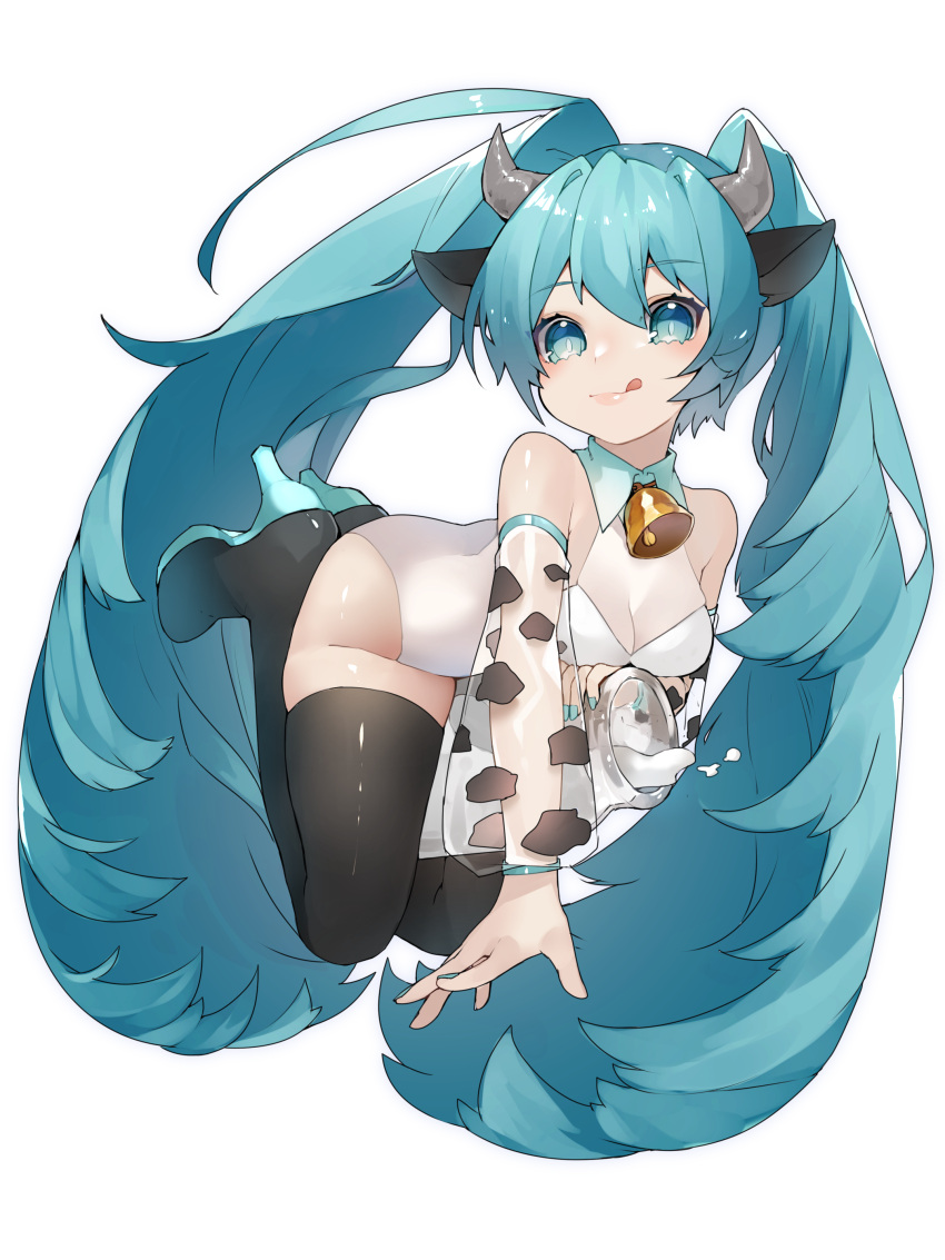 1girl absurdres animal_ears animal_print aqua_eyes aqua_hair bare_shoulders black_legwear bottle commentary cow_ears cow_girl cow_horns cow_print detached_sleeves hair_ornament hatsune_miku high_heels highres horns legs_up leotard lips long_hair milk_bottle neck_bell reirou_(chokoonnpu) see-through_sleeves shiny shiny_clothes shiny_legwear smile solo spilling thigh-highs tongue tongue_out twintails very_long_hair vocaloid white_background white_leotard