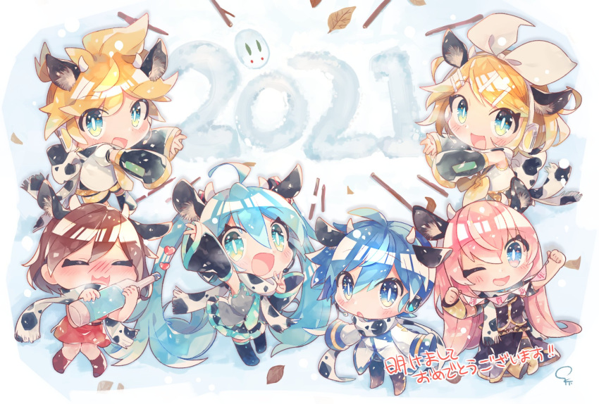 2021 2boys 4girls akeome animal_ears animal_print aqua_eyes aqua_hair aqua_neckwear arm_warmers bangs bare_shoulders black_collar black_legwear black_shirt black_shorts black_skirt black_sleeves blonde_hair blue_eyes blue_hair blush boots bottle bow brown_hair chibi chinese_zodiac closed_eyes coat collar commentary cow_ears cow_horns cow_print detached_sleeves grey_shirt hair_bow hair_ornament hairclip happy happy_new_year hatsune_miku highres holding holding_bottle holding_string horns kagamine_len kagamine_rin kaito kinoko_neppu knees_together_feet_apart leaf long_hair looking_at_viewer megurine_luka meiko miniskirt multiple_boys multiple_girls neckerchief necktie new_year one_eye_closed open_mouth outstretched_arms pink_hair pleated_skirt red_skirt sailor_collar sake_bottle scarf shirt short_hair short_ponytail shorts signature skirt sleeveless sleeveless_shirt smile snow snow_bunny snow_writing spiky_hair stick string_of_flags swept_bangs thigh-highs twig twintails v very_long_hair vocaloid white_bow white_coat white_scarf white_shirt year_of_the_ox yellow_neckwear zettai_ryouiki