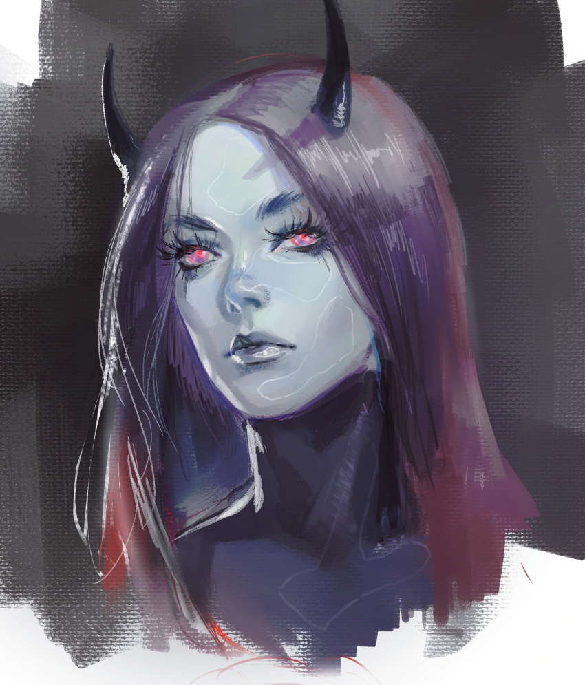 1girl black_lips colored_skin demon_girl grey_background highres horns long_hair nextoad original pale_skin portrait purple_hair purple_skin red_eyes simple_background solo