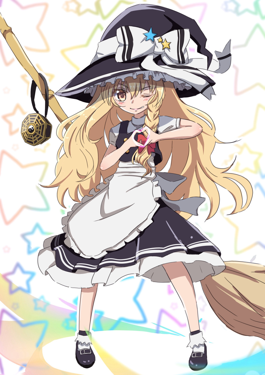 1girl absurdres apron black_footwear blonde_hair bow braid broom buttons drawdream1025 dress eyebrows_visible_through_hair frilled_dress frills hair_bow hat hat_bow highres kirisame_marisa large_hat long_hair looking_at_viewer mary_janes mini-hakkero one_eye_closed puffy_sleeves shoes short_sleeves side_braid simple_background single_braid socks solo star_(symbol) touhou waist_apron white_bow witch_hat yellow_eyes yin_yang