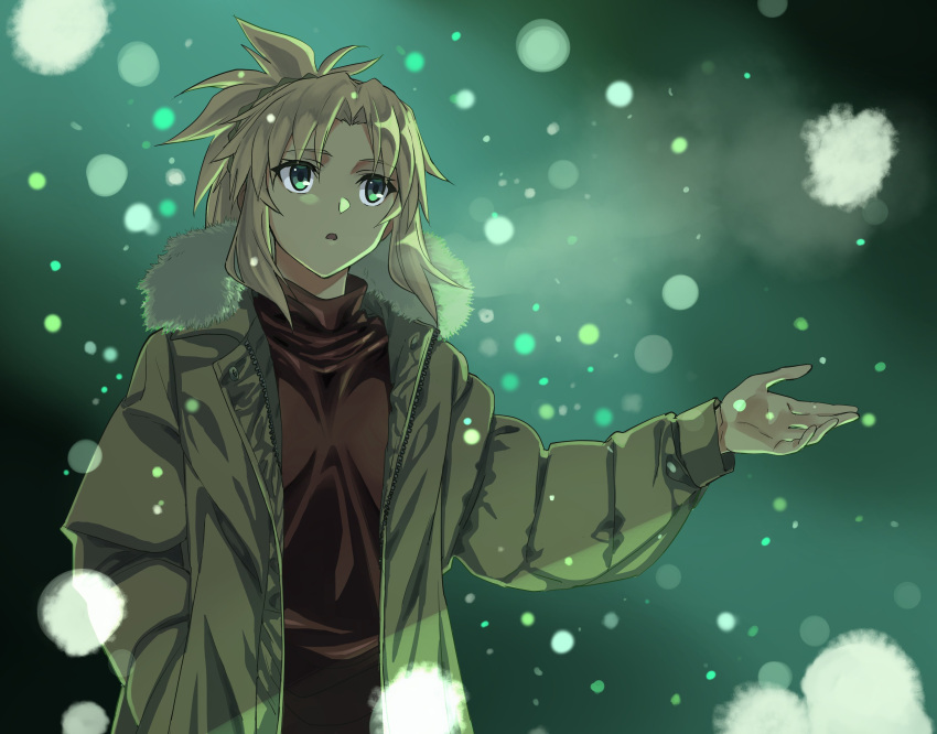 1girl absurdres blonde_hair commentary_request fate/apocrypha fate_(series) fur-trimmed_jacket fur_trim green_eyes hand_in_pocket highres jacket mordred_(fate) mordred_(fate)_(all) open_clothes open_jacket outstretched_hand parted_lips solo turtleneck uk_ymd upper_body winter_clothes