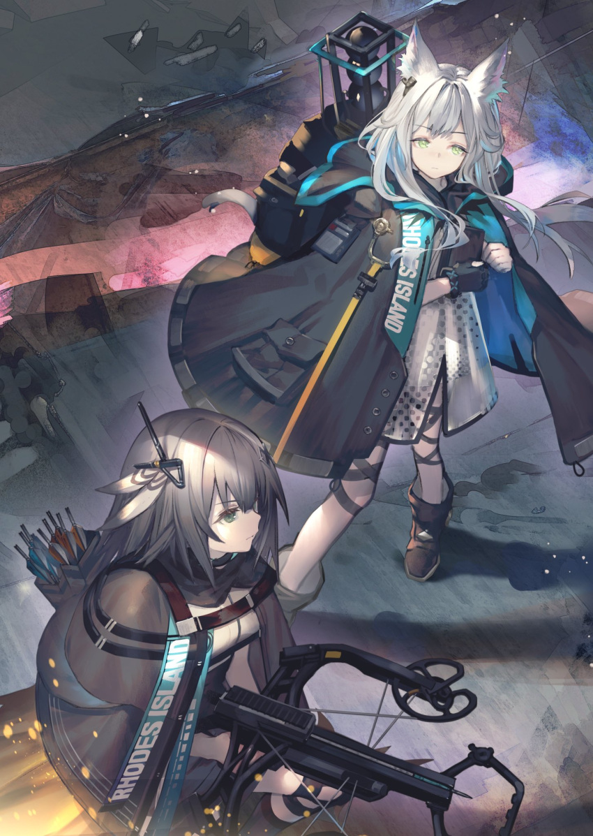 2girls animal_ears arknights arrow_(projectile) backpack bag black_cloak black_footwear black_gloves boots bow_(weapon) cat_ears cloak closed_mouth clothes_writing commentary crossbow day dress earpiece expressionless feathers full_body gloves green_eyes greythroat_(arknights) hair_feathers highres holding holding_bow_(weapon) holding_weapon infection_monitor_(arknights) long_hair multiple_girls outdoors quiver rosmontis_(arknights) see-through shadow short_hair silver_hair standing umiu_geso weapon white_dress