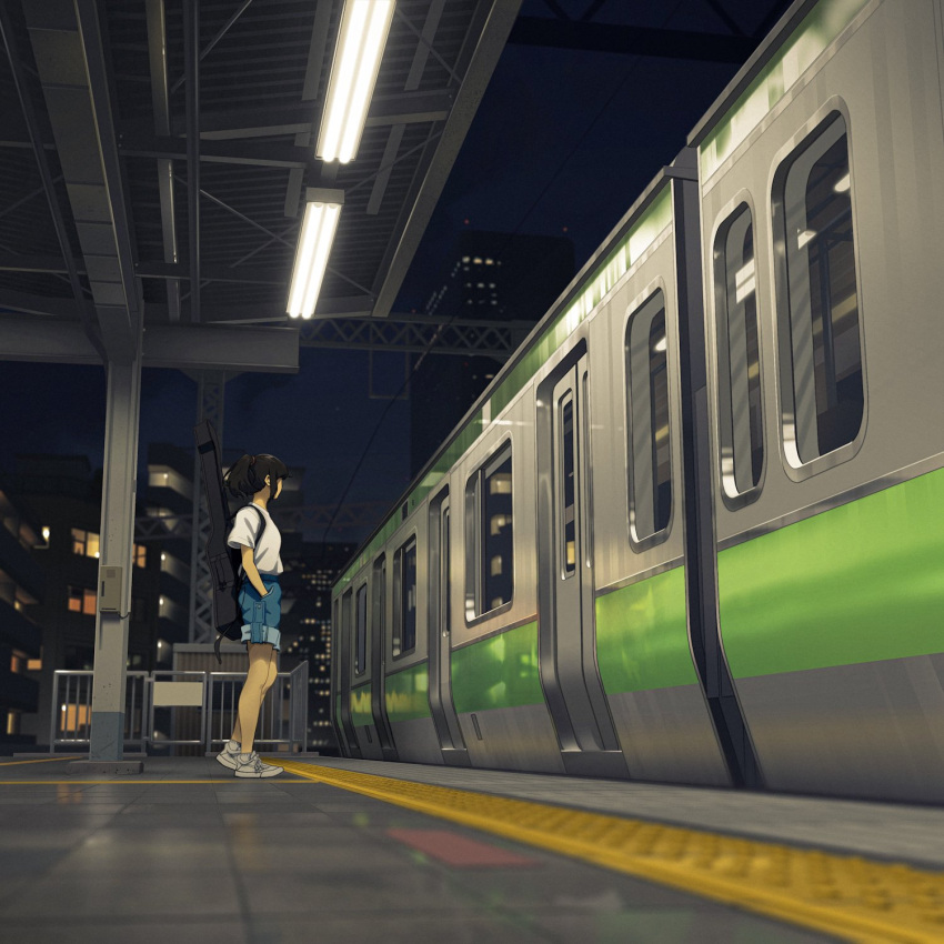 1girl black_hair blue_shorts blurry breasts bysau ceiling_light city commentary denim denim_shorts depth_of_field full_body ground_vehicle guitar_case hand_in_pocket highres instrument_case medium_hair night night_sky original outdoors ponytail shirt shoes short_sleeves shorts sky small_breasts sneakers solo standing t-shirt train train_station white_footwear white_shirt