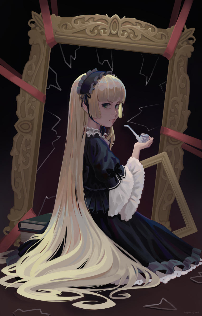 1girl absurdres bangs black_background black_dress black_hairband blonde_hair blunt_bangs book broken_mirror closed_mouth dark dress expressionless frilled_sleeves frills gosick gothic_lolita hairband highres lolita_fashion lolita_hairband long_hair pipe red_ribbon ribbon sitting solo turning_head very_long_hair victorica_de_blois waystrix wide_sleeves
