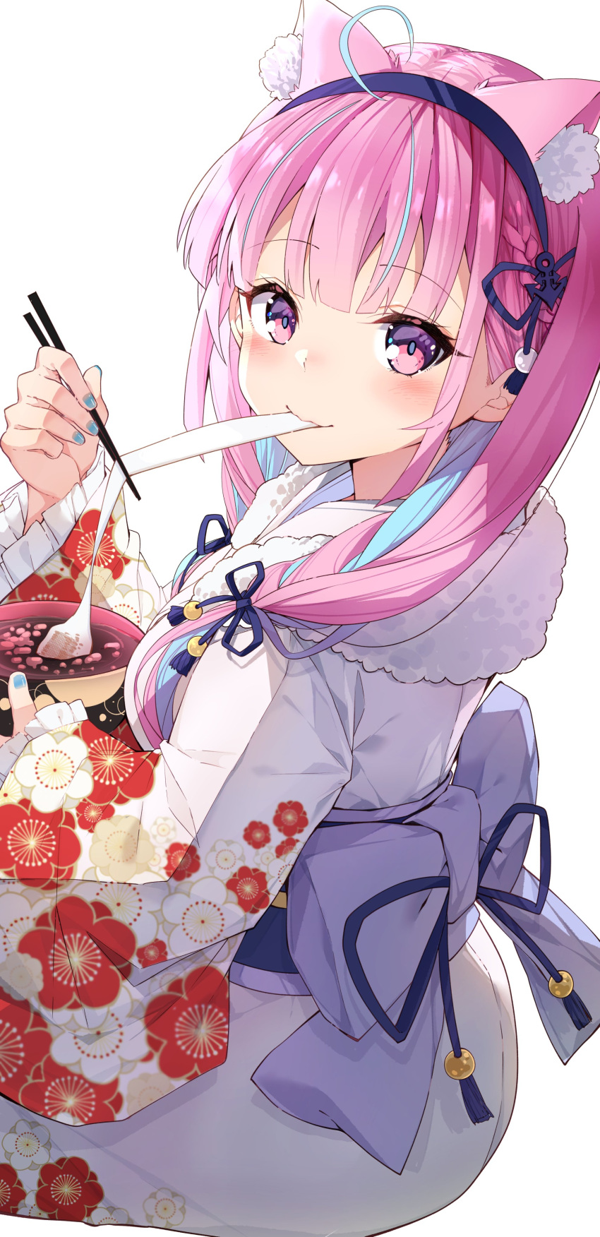 1girl absurdres ahoge anchor_symbol animal_ear_fluff animal_ears blue_nails blush bow bowl breasts cat_ears chopsticks commentary darjeeling_(reley) eyebrows_visible_through_hair floral_print food hair_ribbon hairband highres holding holding_bowl holding_chopsticks hololive invisible_chair japanese_clothes kimono large_bow light_blue_hair long_hair looking_at_viewer medium_breasts minato_aqua mochi multicolored_hair nail_polish obi pink_eyes pink_hair purple_bow ribbon sash simple_background sitting smile solo soup streaked_hair symbol_commentary tress_ribbon two-tone_hair virtual_youtuber white_background white_kimono zouni_soup