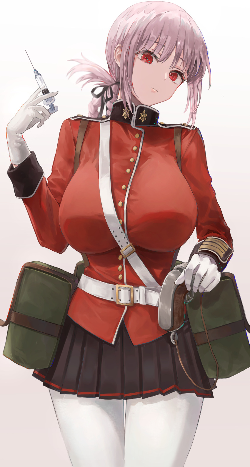 1girl absurdres bangs belt black_ribbon black_skirt braid breasts closed_mouth cowboy_shot fate/grand_order fate_(series) florence_nightingale_(fate/grand_order) folded_ponytail gloves head_tilt highres jacket large_breasts long_hair low-tied_long_hair military_jacket miniskirt pantyhose pigonhae pink_hair pleated_skirt pouch red_eyes red_jacket ribbon skirt strap syringe white_background white_belt white_gloves white_legwear