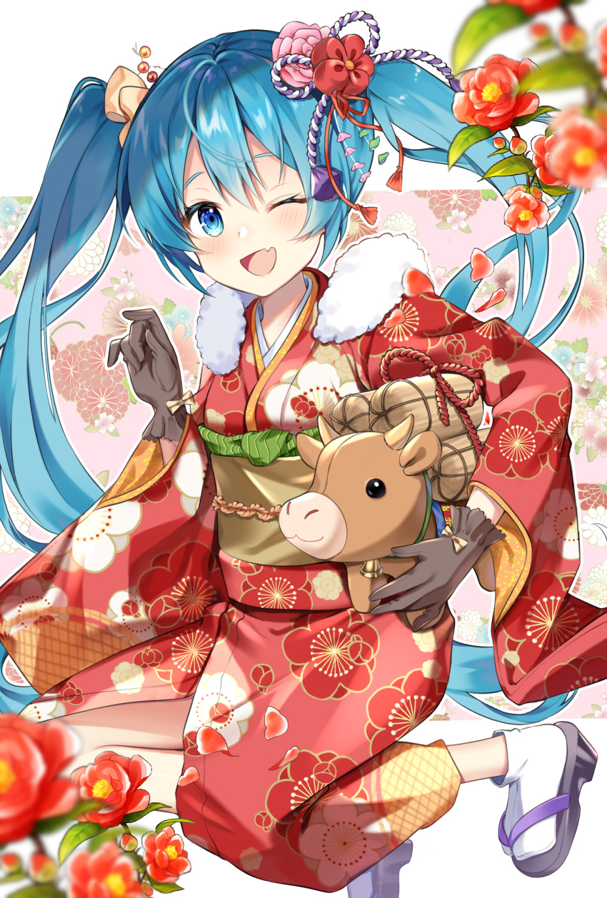 1girl animal bell blue_eyes blue_hair blurry_foreground brown_gloves camellia chinese_zodiac cow fang floral_background flower fur-trimmed_kimono fur_trim gloves hair_flower hair_ornament hatsune_miku highres holding holding_animal horns japanese_clothes kikumon kimono leaf legs_up looking_at_viewer mukuro_usss neck_bell new_year obi one_eye_closed open_mouth petals red_flower rope sash skin_fang smile solo vocaloid year_of_the_ox