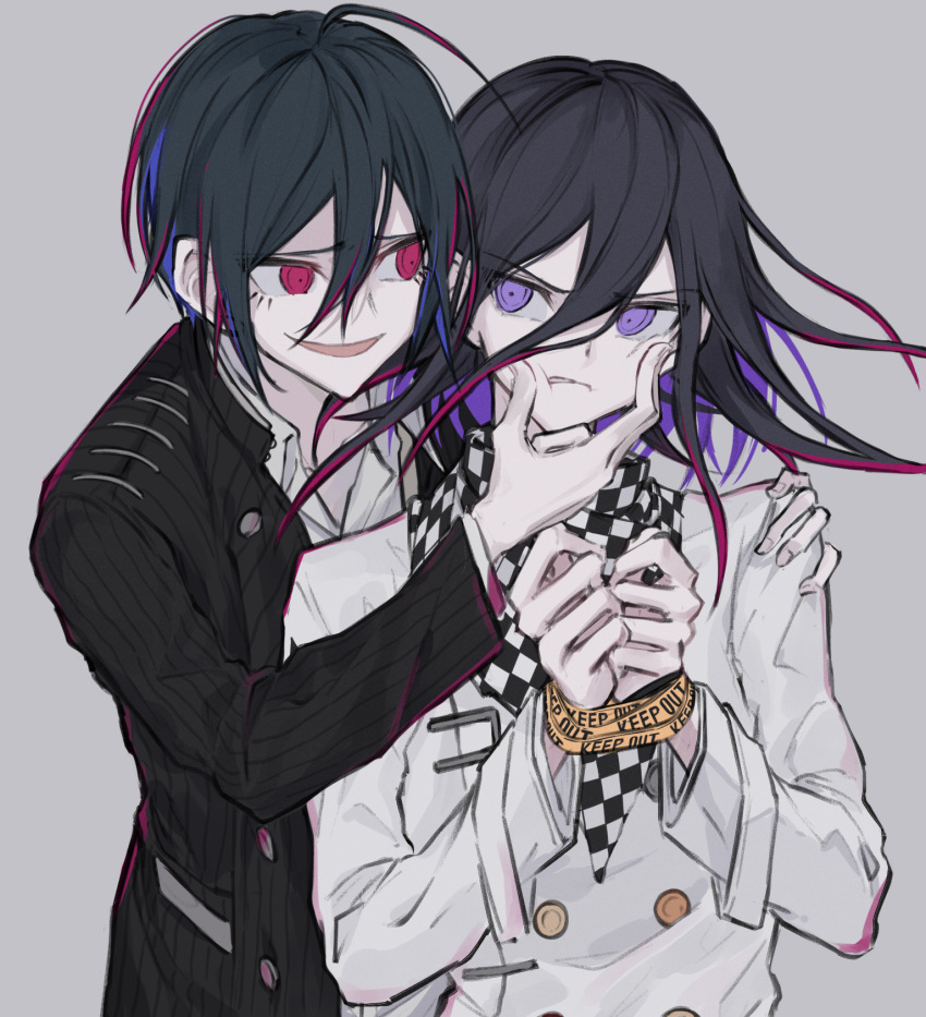 2boys ahoge alternate_eye_color bangs black_hair black_jacket bound bound_wrists caution_tape checkered checkered_scarf cheek_squash colored_inner_hair commentary_request dangan_ronpa_(series) dangan_ronpa_v3:_killing_harmony double-breasted grey_background hair_between_eyes hand_on_another's_face hand_up highres iumi_urura jacket keep_out long_sleeves looking_at_another male_focus medium_hair multicolored_hair multiple_boys open_mouth ouma_kokichi purple_hair saihara_shuuichi scarf short_hair simple_background smile straitjacket striped_jacket white_jacket