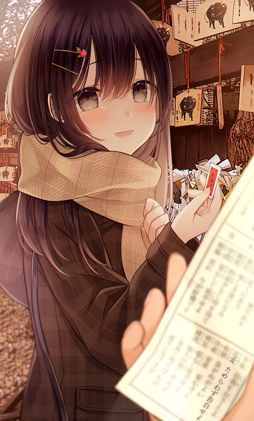 1girl absurdres blush brown_eyes brown_hair brown_scarf hair_ornament hatsumoude highres holding huge_filesize jacket kuro_namako long_hair long_sleeves looking_at_viewer new_year open_mouth original scarf shrine smile solo standing