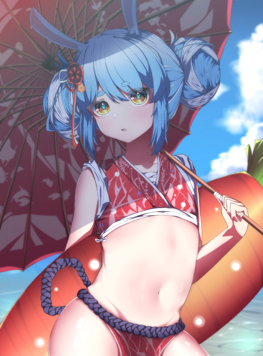 1girl alternate_hairstyle amadeus_(amadeus0903) animal_ear_fluff animal_ears bangs beach blue_hair blue_sky blush bunny-shaped_pupils collarbone contrapposto cowboy_shot double_bun groin hair_ornament highres hikimayu holding holding_umbrella hololive japanese_clothes loincloth long_hair looking_at_viewer midriff multicolored_hair navel oil-paper_umbrella open_mouth orange_eyes parasol pelvic_curtain rabbit_ears rabbit_girl short_eyebrows sky sleeves_rolled_up solo stomach summer surprised tropical two-tone_hair umbrella usada_pekora virtual_youtuber