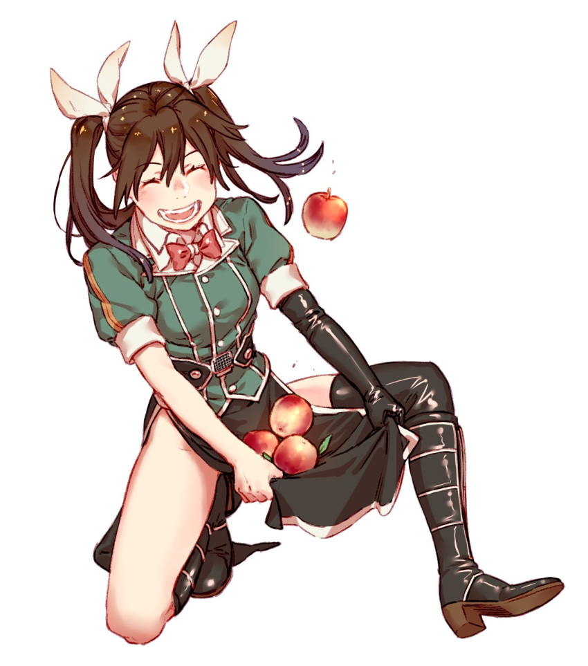 1girl apple asymmetrical_legwear black_gloves brown_hair closed_eyes commentary_request elbow_gloves food fruit gloves hair_between_eyes hair_ribbon highres kantai_collection long_hair military military_uniform pelvic_curtain remodel_(kantai_collection) ribbon single_elbow_glove single_thighhigh smile solo squatting thigh-highs tone_(kantai_collection) twintails uniform uyama_hajime white_ribbon
