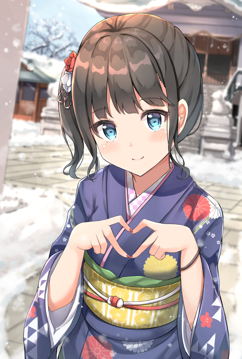1girl absurdres bangs black_hair blue_eyes blue_kimono blurry blurry_background blush closed_mouth commentary_request day depth_of_field eyebrows_visible_through_hair floral_print furisode hands_up heart heart_hands highres japanese_clothes keiran_(ryo170) kimono long_sleeves looking_at_viewer nengajou new_year obi original outdoors print_kimono sash side_ponytail smile snow solo stairs stone_stairs wide_sleeves