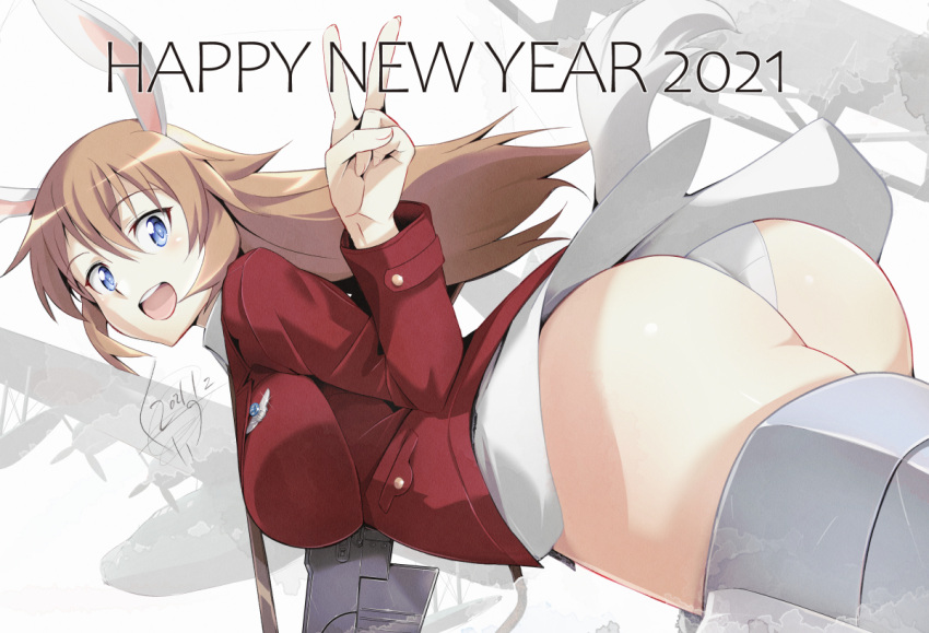 1girl 2021 animal_ears ass blue_eyes breasts charlotte_e_yeager from_behind gun happy_new_year holding holding_weapon jacket jet_yowatari large_breasts long_hair looking_at_viewer looking_back new_year open_mouth orange_hair panties rabbit_ears red_jacket shiny shiny_hair shiny_skin smile strike_witches striker_unit underwear v weapon white_panties world_witches_series