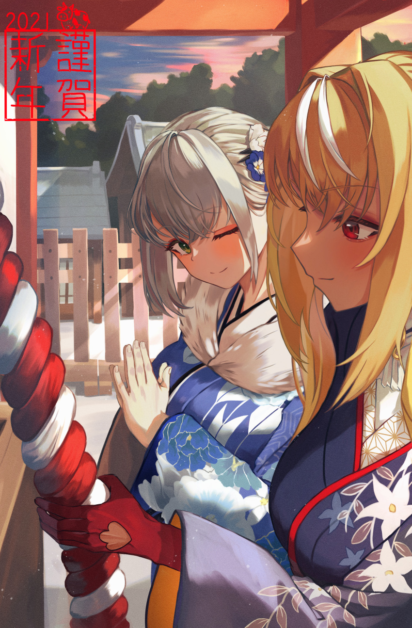 2girls absurdres blush closed_mouth floral_print gloves half_gloves hatsumoude highres hololive huge_filesize japanese_clothes kimono looking_at_another multiple_girls new_year one_eye_closed praying red_gloves roco_(rocoroco1115) shiranui_flare shirogane_noel shrine virtual_youtuber