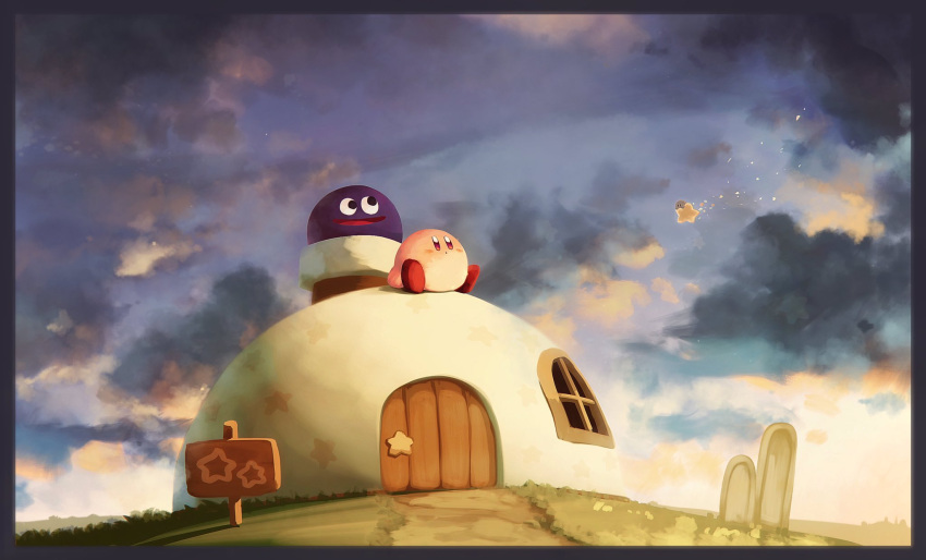 2boys black_border border chimney clouds evening gooey highres house kirby kirby_(series) multiple_boys no_humans open_mouth outdoors sign sitting sky star_(sky) star_(symbol) suyasuyabi warp_star window