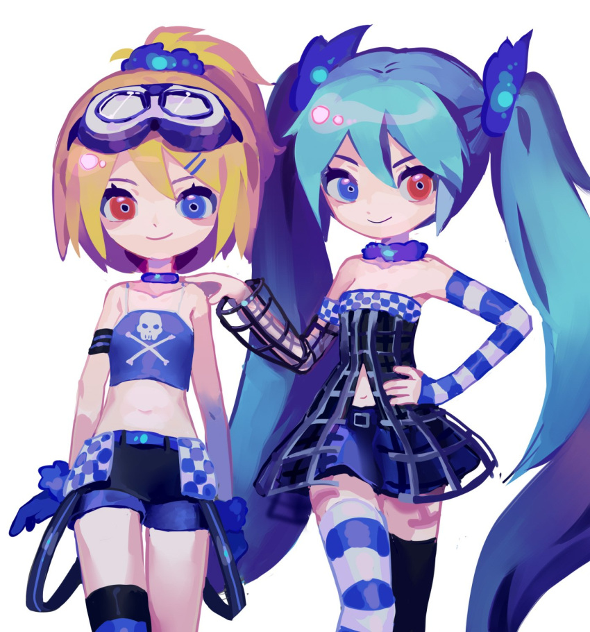2girls aqua_hair bare_shoulders belt black_dress black_legwear blonde_hair blue_eyes blue_gloves blue_legwear blue_shirt blue_skirt burning_stone_(module) camisole chinese_commentary choker collarbone commentary cowboy_shot crop_top detached_sleeves dress gimmexgimme_(vocaloid) gloves goggles goggles_on_head hair_ornament hair_scrunchie hand_on_another's_shoulder hand_on_hip hatsune_miku heterochromia highres kagamine_rin kakutou15 long_hair looking_at_viewer magical_mirai_(vocaloid) midriff miniskirt multiple_girls navel ponytail project_diva_(series) red_eyes rockin_stone_(module) scrunchie shirt short_shorts shorts single_thighhigh skirt skull_and_crossbones skull_print smile standing striped striped_legwear striped_sleeves thigh-highs twintails very_long_hair vocaloid white_background white_legwear wireframe