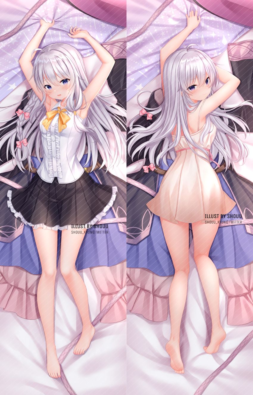 1girl ahoge armpits arms_up bare_arms bare_legs bare_shoulders barefoot bed_sheet black_coat black_skirt blue_eyes bow bowtie breasts camisole coat coat_removed dakimakura_(medium) elaina_(majo_no_tabitabi) frilled_skirt frills highres long_hair looking_at_viewer lying majo_no_tabitabi miniskirt multiple_views on_back on_bed on_stomach open_mouth pleated_skirt shirt shouu-kun silver_hair skirt sleeveless sleeveless_shirt small_breasts smile thighs white_shirt