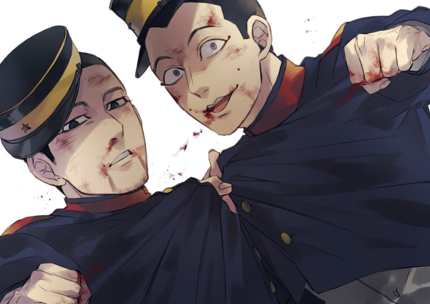 2boys black_eyes black_hair blood blood_on_face bloody_hands buzz_cut clenched_hand facial_hair facial_mark golden_kamuy grey_eyes hat looking_at_viewer military military_hat military_uniform multiple_boys ogata_hyakunosuke open_mouth oziozi_kamuy shirt_pull short_hair simple_background stubble uniform usami_tokishige very_short_hair white_background younger