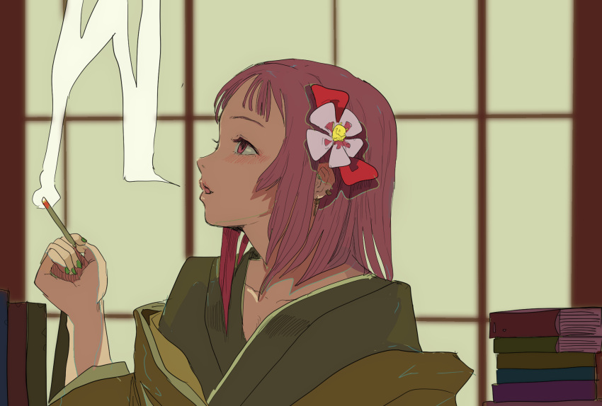 1girl 3735geriragouki blowing_smoke blush book bow cigarette commentary_request flower green_kimono green_nails hair_flower hair_ornament hand_up hieda_no_akyuu highres holding holding_cigarette indoors japanese_clothes kimono layered_clothing layered_kimono light_purple_hair lips looking_up mixed-language_commentary multicolored_hair nail_polish off-shoulder_kimono off_shoulder parted_lips pile_of_books pink_hair profile red_bow short_hair smoke smoking solo touhou two-tone_hair upper_body window yellow_kimono