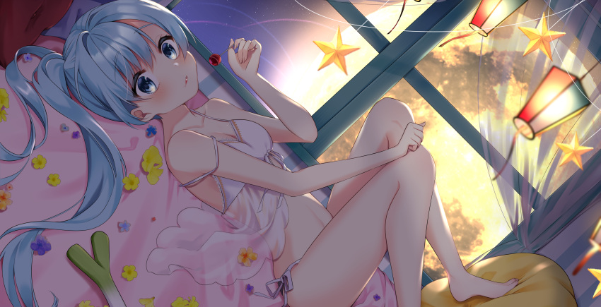 1girl absurdres babydoll bed blue_eyes blue_flower blue_hair cherry commentary dutch_angle flower food fruit full_moon hatsune_miku highres holding holding_food holding_fruit lantern legs_up lips long_hair looking_at_viewer lying moon mukuro_usss night on_back pillow solo spring_onion star_ornament thighs twintails very_long_hair vocaloid window yellow_flower