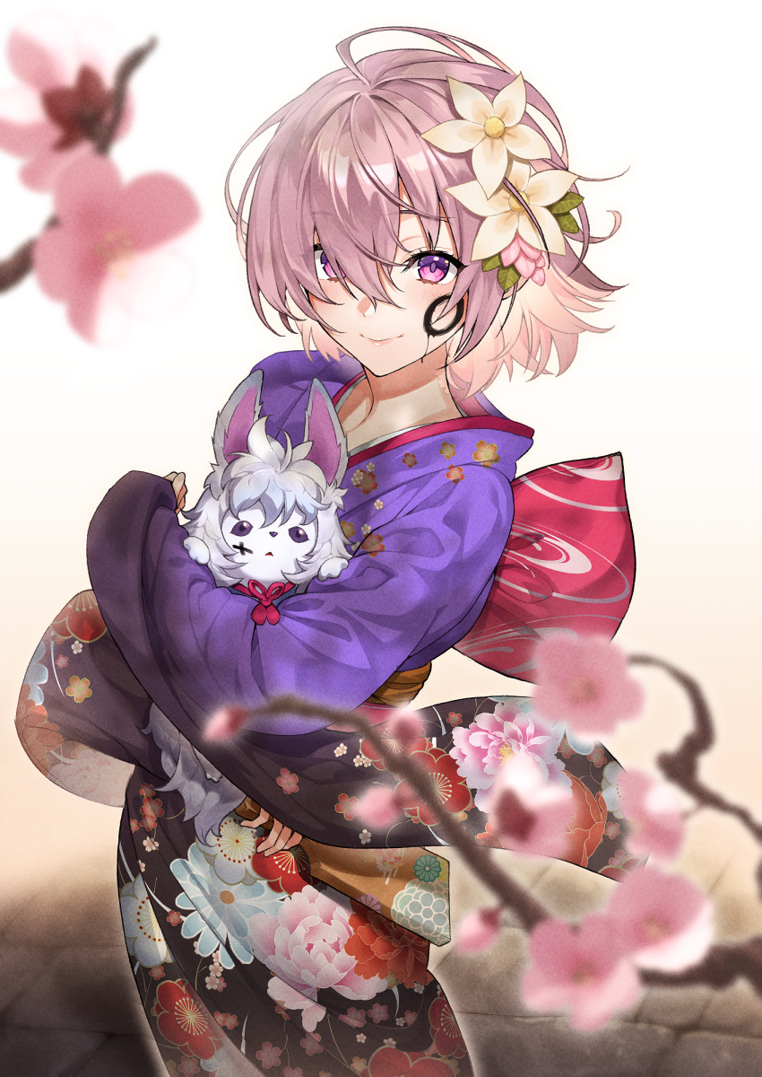 1girl ahoge animal bangs blurry_foreground blush breasts cherry_blossoms circle closed_mouth commentary_request fate/grand_order fate_(series) floral_print flower fou_(fate/grand_order) hair_between_eyes hair_flower hair_ornament hair_over_one_eye highres holding holding_animal japanese_clothes kabu_(niniko2ko) kimono long_sleeves looking_at_viewer mash_kyrielight new_year obi paint pink_flower print_kimono purple_kimono sash short_hair smile solo violet_eyes white_flower wide_sleeves