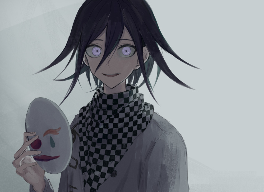 1boy :d bangs black_hair checkered checkered_neckwear checkered_scarf commentary_request crazy_eyes dangan_ronpa_(series) dangan_ronpa_v3:_killing_harmony grey_background hair_between_eyes highres holding holding_mask iumi_urura jacket long_sleeves looking_at_viewer male_focus mask mask_removed open_mouth ouma_kokichi purple_hair scarf short_hair simple_background smile solo staring straitjacket upper_body upper_teeth violet_eyes