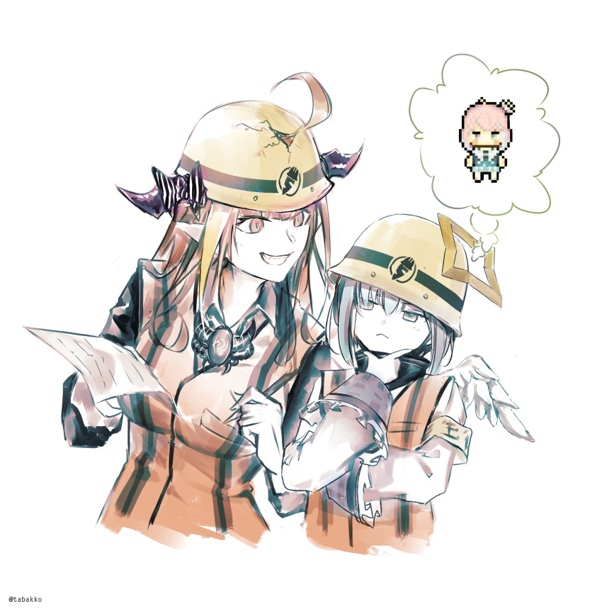 2girls :&lt; absurdres alternate_costume amane_kanata angel_wings armband blonde_hair blue_hair bow breasts broken_helmet brooch closed_mouth commentary crack cropped_torso diagonal-striped_bow dragon_horns grin hair_between_eyes halo hand_on_own_chin hardhat helmet highres himemori_luna holding holding_paper hololive horn_bow horns imagining jacket jewelry kiryu_coco logo long_hair long_sleeves looking_at_another medium_breasts mr.holmes multicolored_hair multiple_girls orange_hair orange_vest paper pointy_ears short_hair side-by-side silver_hair simple_background smile streaked_hair symbol_commentary thinking thought_bubble two-tone_hair upper_body vest violet_eyes virtual_youtuber white_background white_jacket wings yellow_headwear