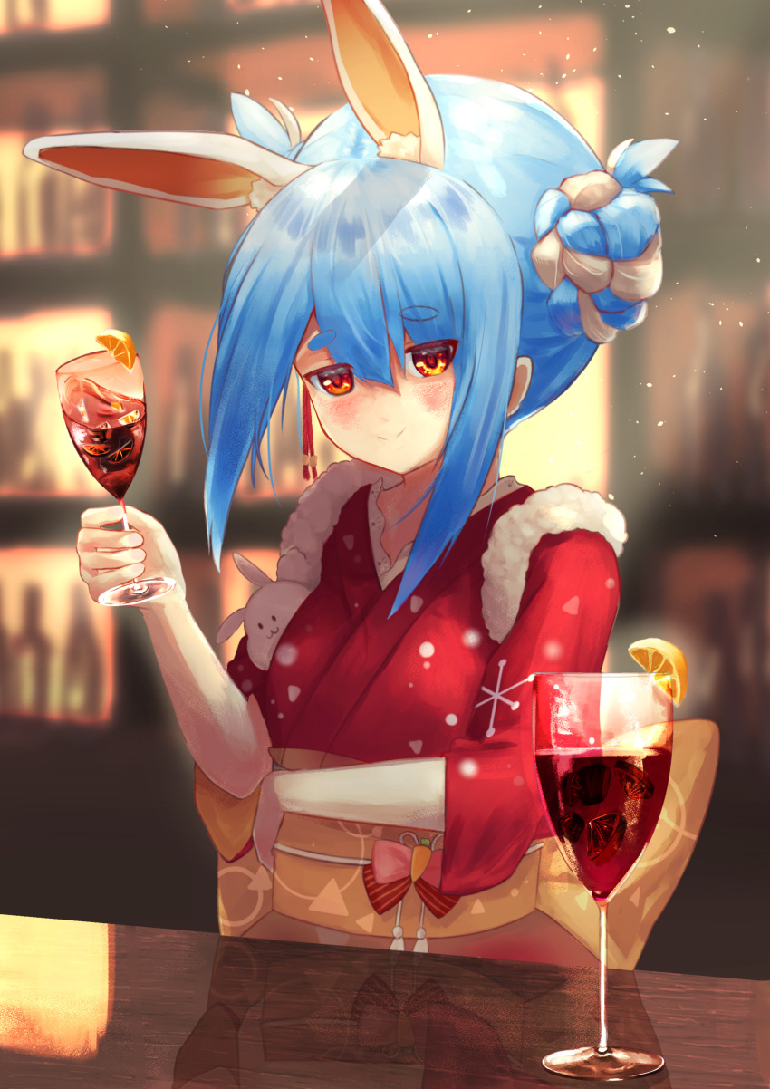 1girl absurdres alternate_costume alternate_hairstyle animal_ears bar blue_hair blurry blurry_background blush commentary_request cup drinking_glass food fruit highres hololive japanese_clothes kimono lemon lemon_slice looking_at_viewer pov rabbit_ears smile solo table thick_eyebrows usada_pekora user_xkrz3475 virtual_youtuber wine_glass