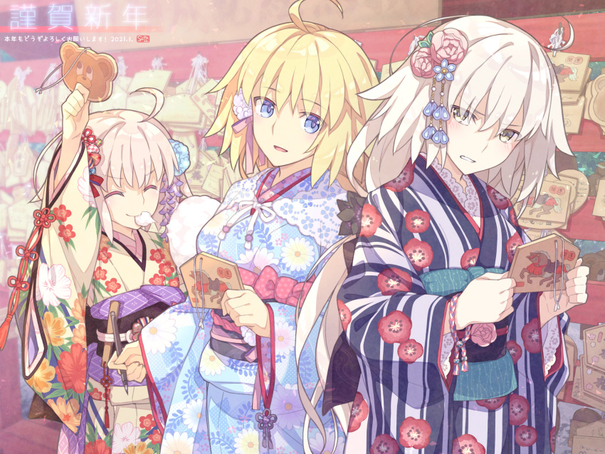 3girls ahoge blonde_hair blue_eyes blue_flower blue_kimono braid brown_eyes eyebrows_visible_through_hair fate/apocrypha fate/grand_order fate_(series) floral_print flower hair_between_eyes hair_flower hair_ornament highres holding japanese_clothes jeanne_d'arc_(alter)_(fate) jeanne_d'arc_(fate) jeanne_d'arc_(fate)_(all) jeanne_d'arc_alter_santa_lily kimono long_hair long_sleeves looking_at_another multiple_girls nengajou new_year print_kimono saipaco sash silver_hair smile wide_sleeves