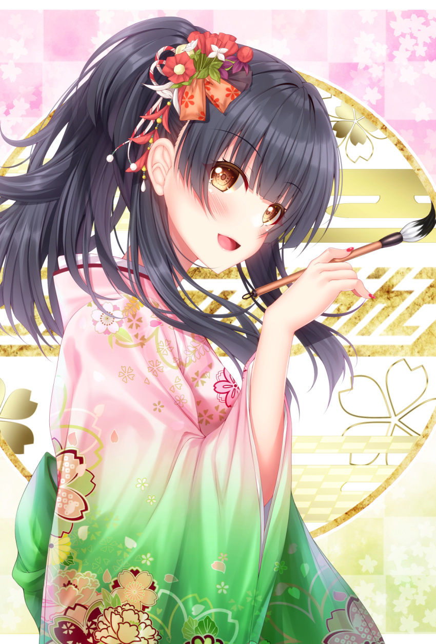 1girl :d bangs black_hair blush brown_eyes calligraphy_brush checkered checkered_background eyebrows_visible_through_hair floral_print flower gradient_kimono green_kimono hair_flower hair_ornament hand_up highres holding holding_paintbrush idolmaster idolmaster_shiny_colors japanese_clothes kimono long_hair long_sleeves looking_at_viewer mayuzumi_fuyuko new_year open_mouth paintbrush pink_kimono ponytail print_kimono red_flower sidelocks smile solo white_flower wide_sleeves yunagi_amane