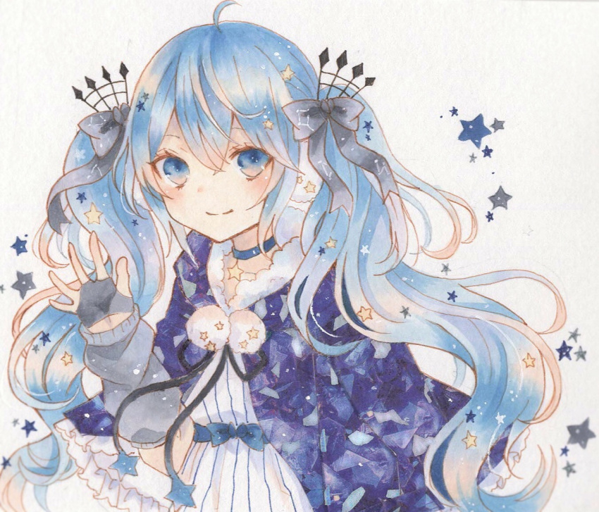 1girl black_ribbon blue_choker blue_eyes blue_hair blue_ribbon choker closed_mouth earmuffs fingerless_gloves fuyu_no_yoru_miku gloves grey_gloves grey_ribbon hair_between_eyes hair_ornament hair_ribbon hatsune_miku long_hair marker_(medium) paruno pom_pom_(clothes) ribbon smile solo star_(symbol) star_choker striped traditional_media twintails vocaloid