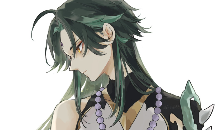 1boy ahoge alternate_hair_length alternate_hairstyle armor bead_necklace beads black_hair closed_mouth commentary_request eyeshadow facial_mark forehead_mark genshin_impact green_hair highres jewelry long_hair makeup male_focus multicolored_hair necklace portrait profile red_eyeshadow shiraishi_(siraisi00) simple_background solo spikes twitter_username white_background xiao_(genshin_impact) yellow_eyes