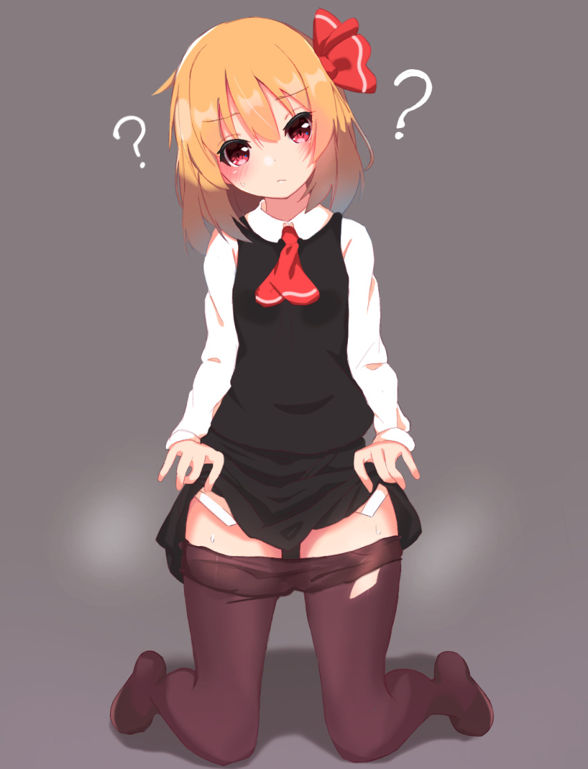 1girl ? ascot bangs black_shirt blonde_hair blush collared_shirt commentary eyebrows_visible_through_hair grey_background hair_ribbon head_tilt highres iroha_(pcrx7327) kneeling lifted_by_self long_sleeves looking_at_viewer medium_hair pantyhose pantyhose_pull red_eyes red_neckwear red_ribbon ribbon rumia shadow shirt simple_background skirt skirt_lift skirt_set solo sweat sweatdrop torn_clothes torn_legwear touhou