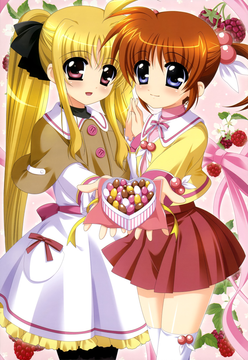 2girls absurdres blonde_hair blue_eyes brown_hair casual cherry chocolate fate_testarossa food fruit hands_together highres legs long_hair lyrical_nanoha mahou_shoujo_lyrical_nanoha multiple_girls nyantype official_art outstretched_arm pantyhose ponytail raspberry red_eyes ribbon short_hair short_twintails smile takamachi_nanoha thighhighs twintails valentine very_long_hair white_legwear zettai_ryouiki