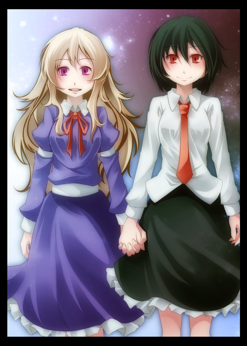 2girls black_hair blonde_hair green_hair highres long_hair maribel_hearn multiple_girls red_eyes s-syogo short_hair smile touhou usami_renko violet_eyes