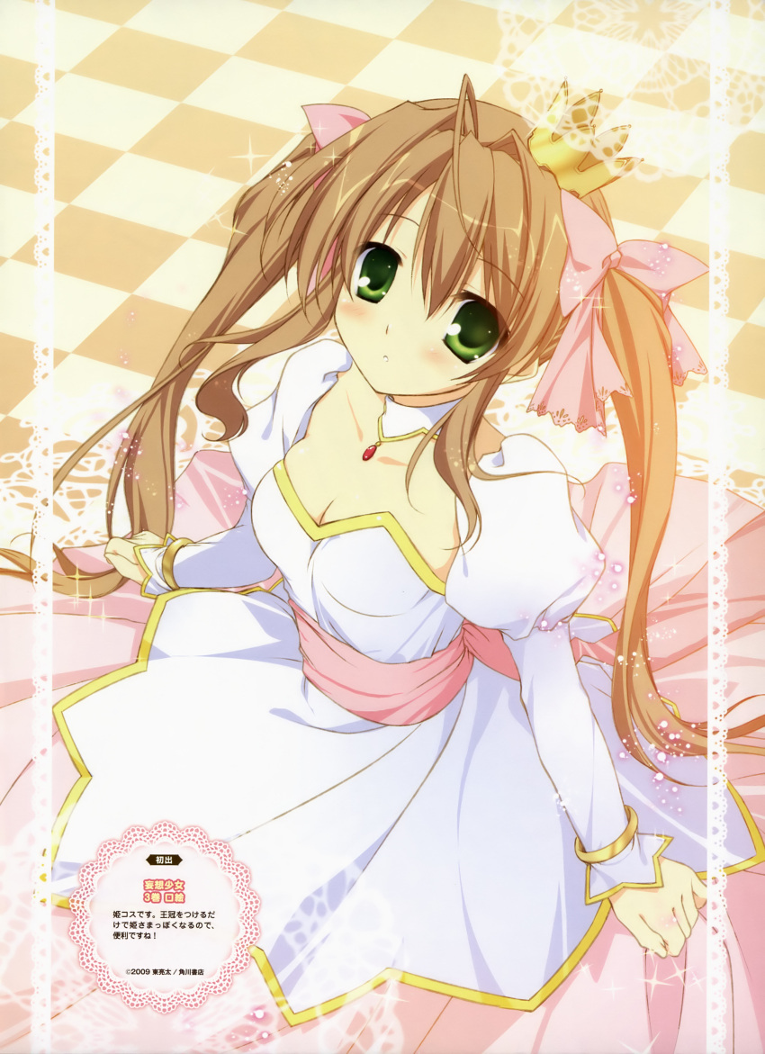 1girl absurdres breasts brown_hair character_request checkered checkered_floor chikotam cleavage copyright_request crown dress green_eyes highres long_sleeves mini_crown twintails