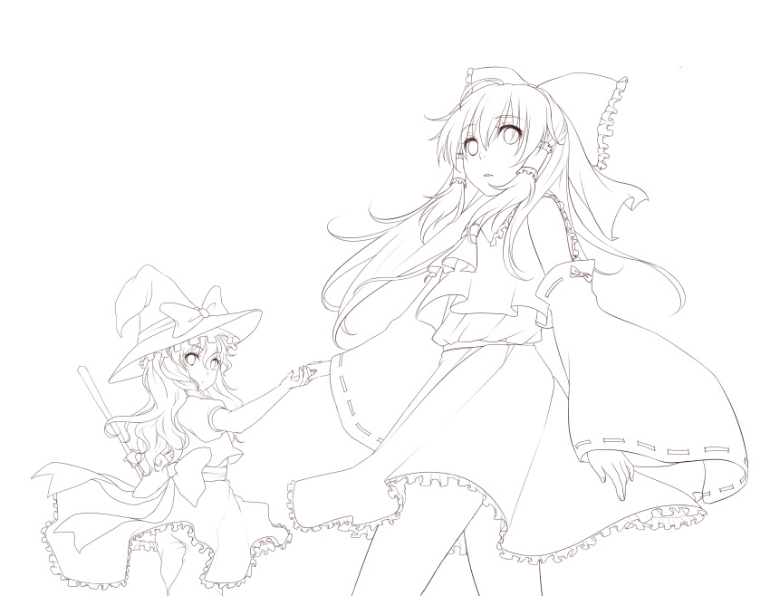 2girls absurdres bow detached_sleeves hair_bow hair_tubes hakurei_reimu hat highres holding_hands kirisame_marisa lineart long_hair looking_back masami_chie monochrome multiple_girls touhou witch_hat