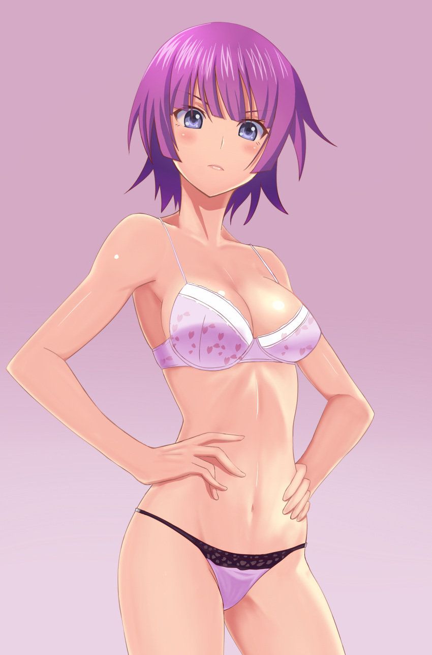 absurdres bakemonogatari blue_eyes blush bra breasts highres looking_at_viewer monogatari_(series) panties purple_hair senjougahara_hitagi shiny shiny_skin short_hair solo standing takahirokun underwear