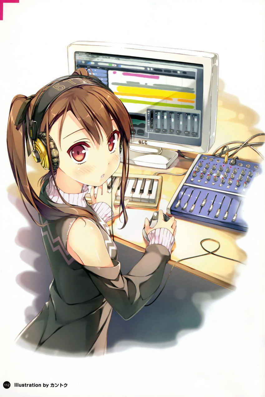 1girl absurdres brown_hair detached_sleeves headphones highres instrument jacket kantoku keyboard_(instrument) monitor mouse ponytail red_eyes synthesizer table