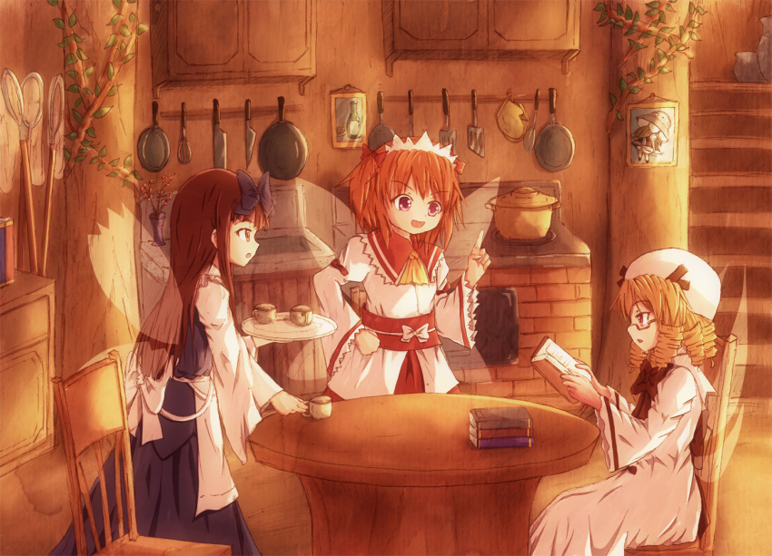 3girls apron blonde_hair blush book bow brown_eyes brown_hair butterfly_net chair cup dress drill_hair frying_pan glasses hair_bow hand_net hat hikariniji house interior kitchen knife long_hair luna_child maid_headdress multiple_girls obi open_mouth portrait pot reading red_eyes ribbon short_hair sitting skirt smile spatula spoon star_sapphire sunny_milk table touhou tray twintails whisk wings winks