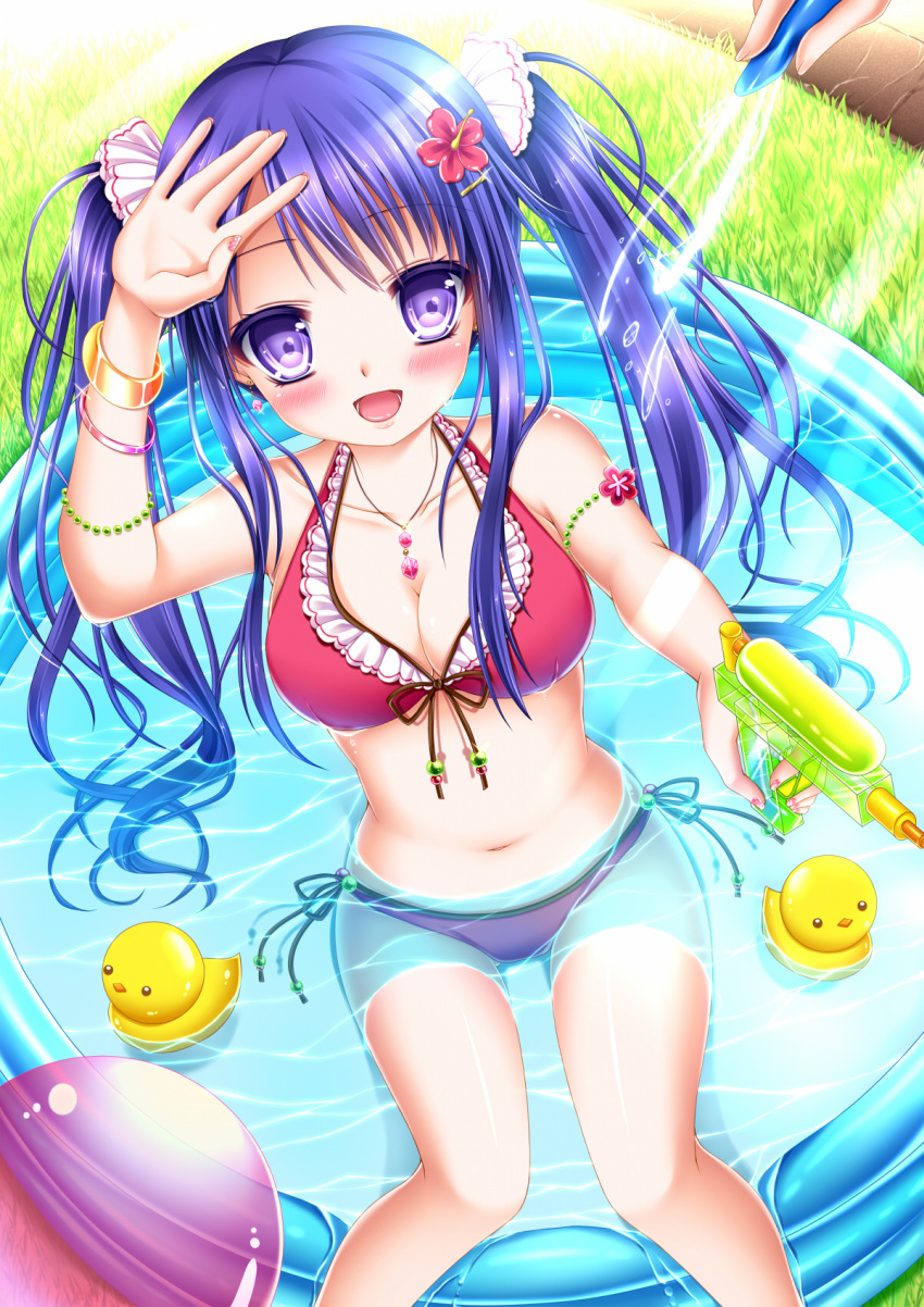 1girl :d arm_up ball beachball bikini blue_hair blush bracelet breasts cleavage flower frilled_bikini frills front-tie_top hair_flower hair_ornament highres hose jewelry long_hair looking_at_viewer nail_polish navel necklace open_mouth original partially_submerged pink_bikini rubber_duck shitou side-tie_bikini smile solo sunbeam sunlight swimsuit twintails very_long_hair violet_eyes wading_pool water water_gun