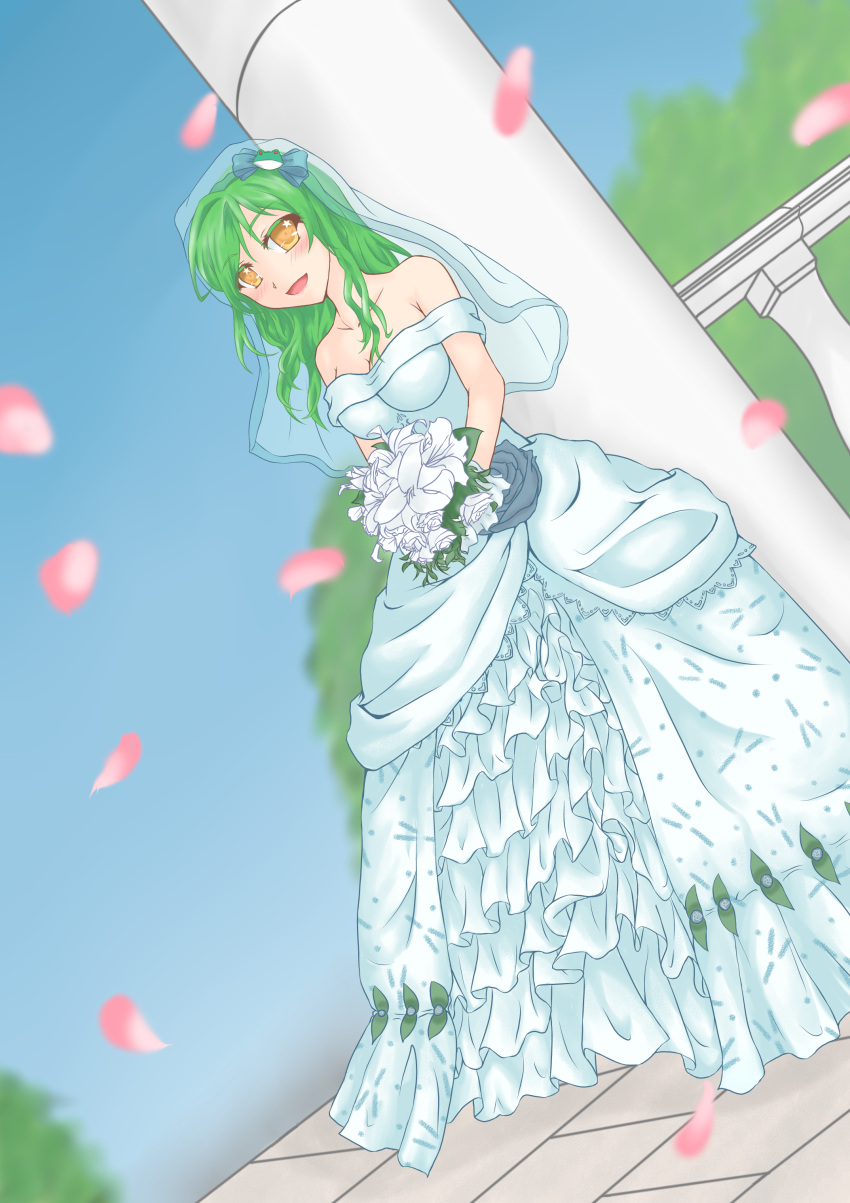 1girl absurdres alternate_costume bare_shoulders blue_sky blush bouquet bow breasts bride cleavage collarbone dress dutch_angle flower frills frog_hair_ornament green_hair hair_bow hair_ornament highres kochiya_sanae long_hair looking_at_viewer open_mouth petals pillar railing rose shintani_masaki sky solo star strapless_dress touhou tree veil wedding_dress white_rose wind yellow_eyes