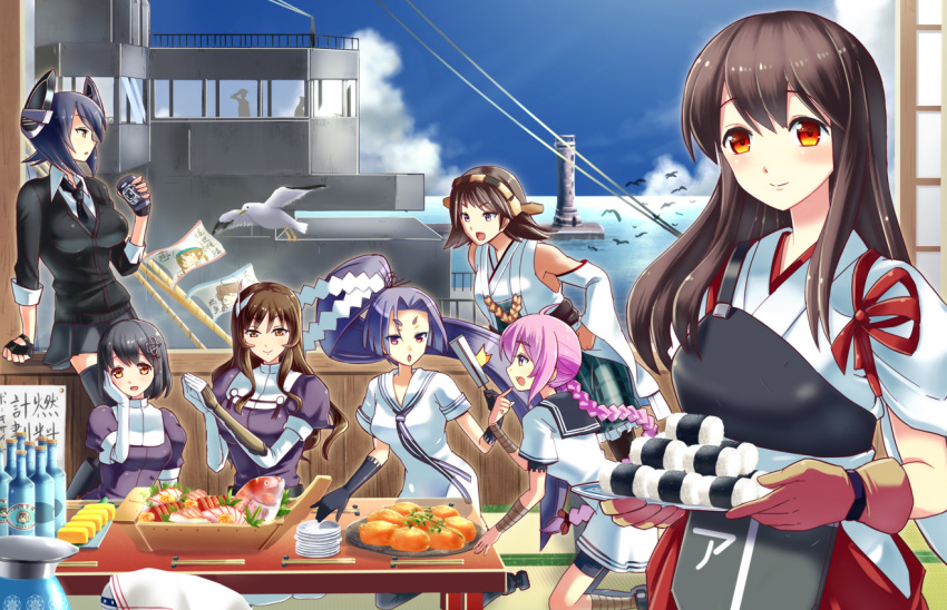 6+girls :d ahoge akagi_(kantai_collection) arm_support ashigara_(kantai_collection) bandages bird black_gloves black_legwear bottle braid brown_eyes brown_hair cardigan chopsticks clouds detached_sleeves elbow_gloves eyebrows fingerless_gloves fish flag food gloves haguro_(kantai_collection) hair_ornament hairband hakama hand_on_own_cheek hands_together hatsuharu_(kantai_collection) headgear hiei_(kantai_collection) japanese_clothes kantai_collection kneeling long_hair multiple_girls muneate necktie nenohi_(kantai_collection) noma_taoru ocean open_mouth personification pink_hair plate pleated_skirt pointing pointing_at_self ponytail profile purple_hair rice rope sailor_collar sailor_dress ship short_hair silhouette single_braid sitting skirt smile table tenryuu_(kantai_collection) thick_eyebrows thigh-highs tray very_long_hair white_gloves yellow_eyes