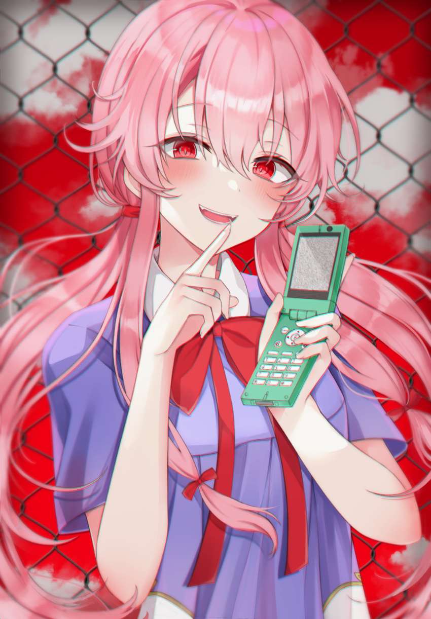 1girl 49_(yonkyuu) :d bangs blush chain-link_fence collared_shirt commentary_request eyebrows_visible_through_hair fence gasai_yuno hair_between_eyes highres holding holding_phone long_hair looking_at_viewer low_twintails mirai_nikki open_mouth phone pink_eyes pink_hair red_eyes revision school_uniform shirt smile solo symbol_commentary twintails upper_body