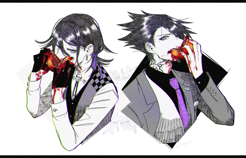 2boys alternate_costume alternate_hair_color alternate_hairstyle bangs black_hair black_shirt collared_shirt commentary_request cropped_torso dangan_ronpa_(series) dangan_ronpa_v3:_killing_harmony earrings eating food fruit gloves hair_between_eyes hair_ribbon hand_up hands_up holding holding_food holding_fruit jewelry limited_palette long_sleeves looking_at_viewer male_focus momota_kaito multiple_boys nagi_to_(kennkenn) neck_tattoo necktie ouma_kokichi pink_neckwear pink_ribbon pomegranate purple_ribbon ribbon shiny shiny_hair shirt tattoo upper_body vest yonic_symbol