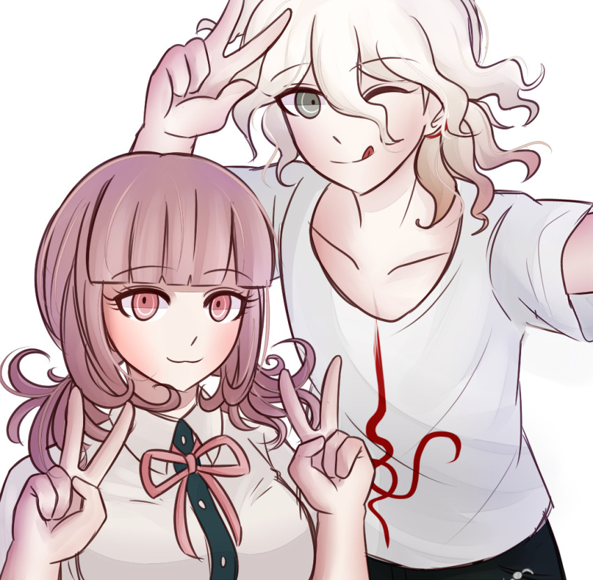 1girl alternate_hairstyle bangs blunt_bangs breasts collarbone collared_shirt commentary dangan_ronpa_(series) dangan_ronpa_2:_goodbye_despair doodle double_v dress_shirt eyebrows_visible_through_hair hair_between_eyes hands_up komaeda_nagito ktokei_(kurokku-tokei) light_brown_hair looking_at_viewer nanami_chiaki neck_ribbon one_eye_closed pink_eyes pink_ribbon print_shirt reaching_out ribbon self_shot shirt short_sleeves simple_background smile t-shirt tongue tongue_out two-tone_shirt v w white_background