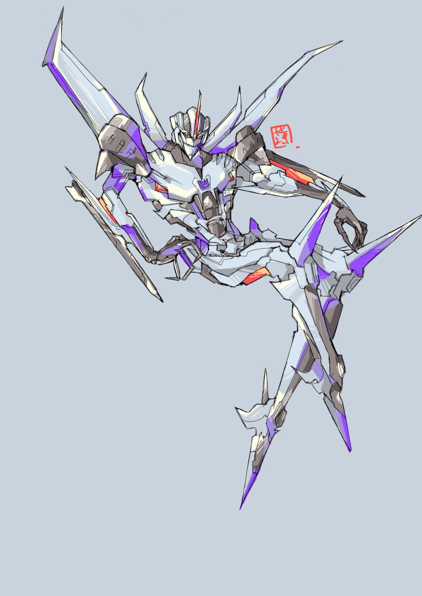 1boy blue_background decepticon highres insignia konachang looking_at_viewer making-of_available male_focus mecha no_humans open_hands red_eyes smirk solo starscream transformers transformers_prime