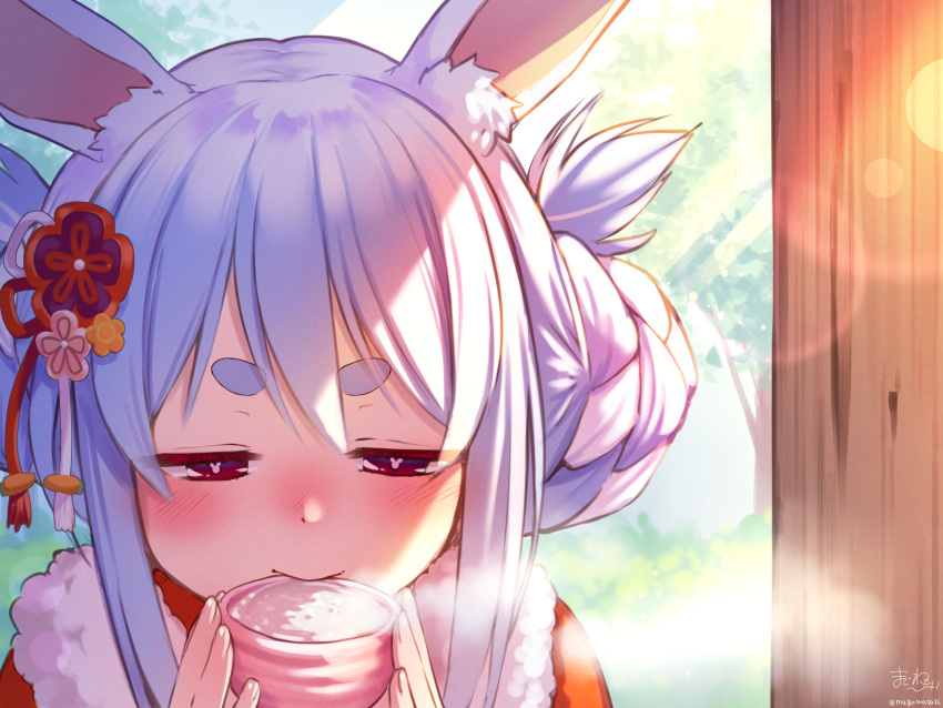 1girl animal_ear_fluff animal_ears bangs blue_hair blush bunny-shaped_pupils bunny_girl colored_eyelashes commentary_request cup double_bun drinking half-closed_eyes highres holding holding_cup hololive lens_flare magowasabi multicolored_hair rabbit_ears red_eyes shirt signature smile solo steam sunlight thick_eyebrows twitter_username two-handed two-tone_hair usada_pekora white_shirt