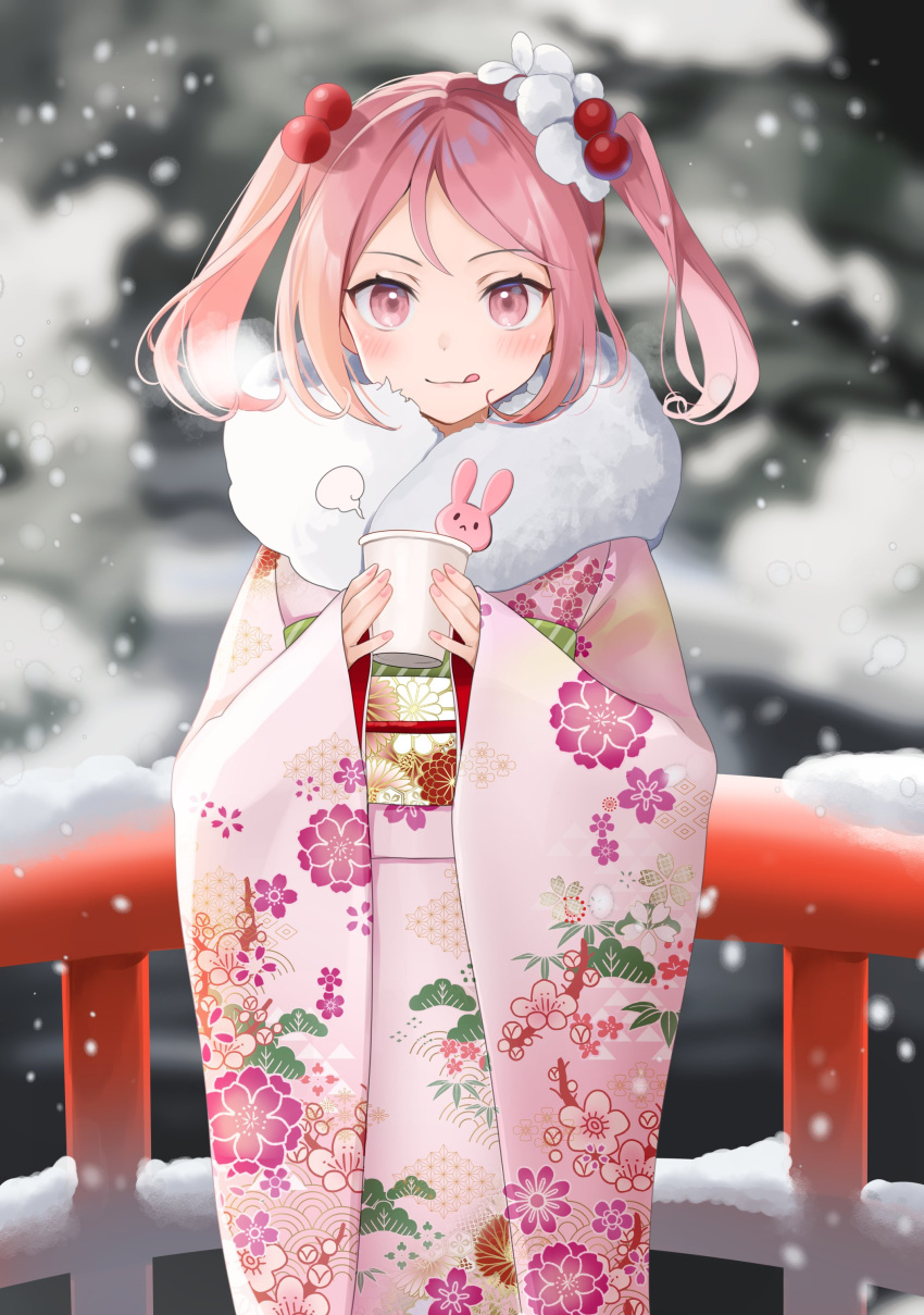 1girl :q absurdres bangs blush breath cup day disposable_cup eyebrows_visible_through_hair floral_print fur_trim hair_bobbles hair_ornament highres holding holding_cup japanese_clothes kantai_collection kimono long_sleeves obi outdoors pink_eyes pink_hair sash sazanami_(kantai_collection) short_twintails sidelocks sleeves_past_wrists smile snow snowing solo steam tongue tongue_out twintails wide_sleeves yunamaro